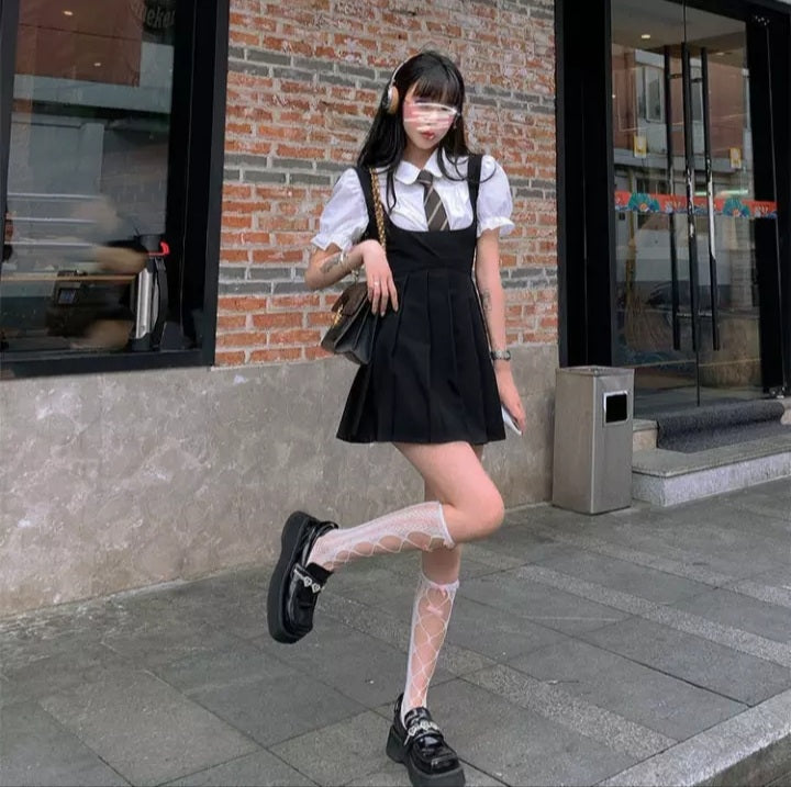 Cute Preppy Puff Sleeve Shirt Pleated Dress Set Student Aesthetic Casual E-Girl Kawaii Korean Japanese Harajuku