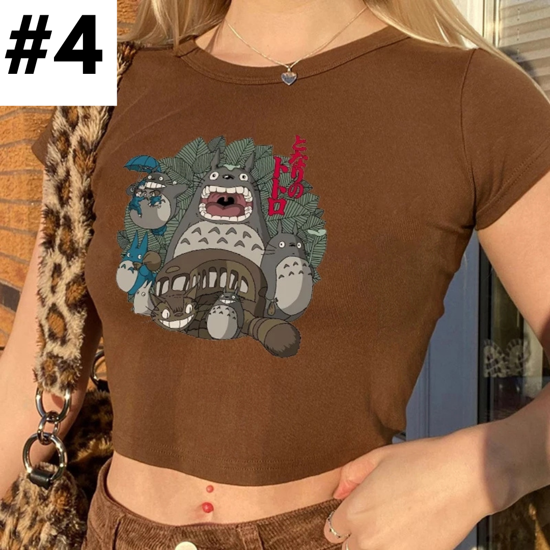 Brown Japanese Anime Cartoon Print Crop Top