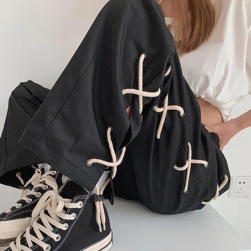 Black Lace Up Wide Leg Trousers