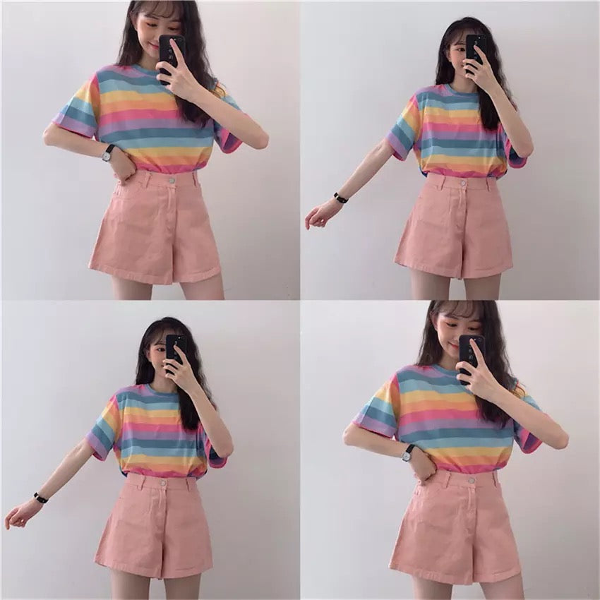 Cute Causal Pastel Rainbow Colorful Stripe Loose Round Neck Short Sleeve Tee Shirt T-shirt Top E-Girl Kawaii Korean Japanese Harajuku Retro Streetwear