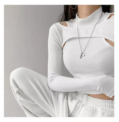 Cute 2pcs K-pop Black White Hollow Knit Long Sleeve Shirt Crop Top Fitness Streetwear Summer Aesthetic Casual E-Girl Kawaii Korean Japanese Harajuku
