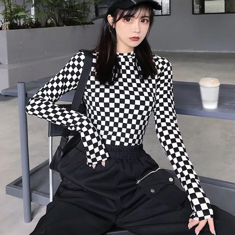 Cute Black White Checkerboard Plaid Long Sleeve Shirt Top Punk Goth Aesthetic Casual E-Girl Kawaii Korean Japanese Harajuku