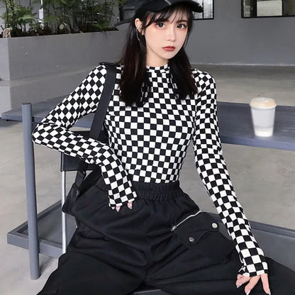 Cute Black White Checkerboard Plaid Long Sleeve Shirt Top Punk Goth Aesthetic Casual E-Girl Kawaii Korean Japanese Harajuku