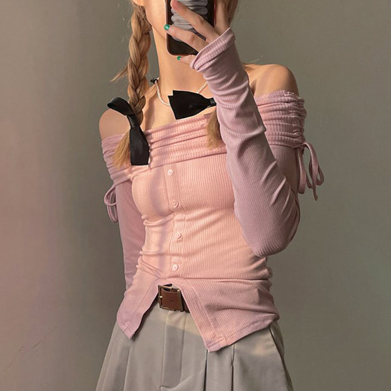 Pink Slash Neck Drawstring Long Sleeve Shirt