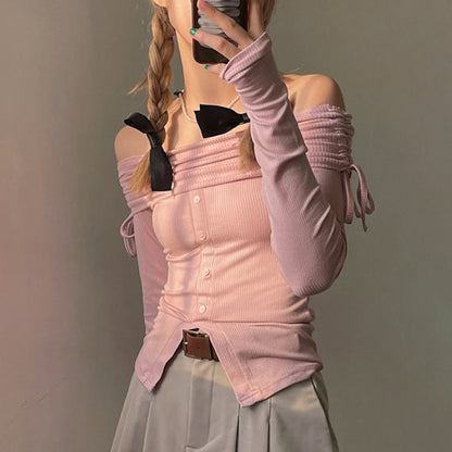 Pink Slash Neck Drawstring Long Sleeve Shirt