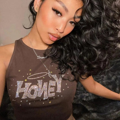 Cute Brown Honey Rhinestone Crystal Glitter Bling 90s Sleeveless Tank Crop Top Aesthetic Casual Summer E-Girl Kawaii Korean Japanese Harajuku