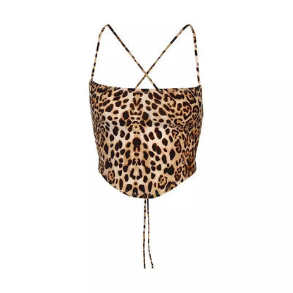 Sexy Leopard Backless Camisole Lace Up Spaghetti Strap Tank Crop Top Bandage Open Back Aesthetic E-Girl Kawaii Korean Japanese Harajuku Streetwear
