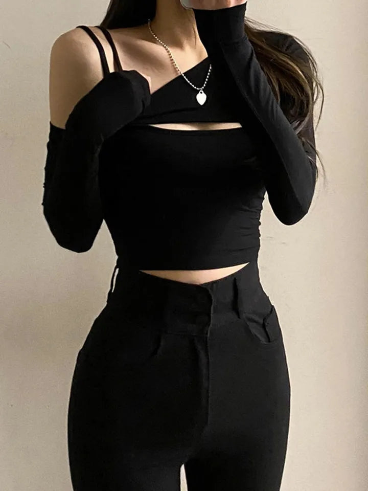 2PCS Black Cut Out Long Sleeve Shirt