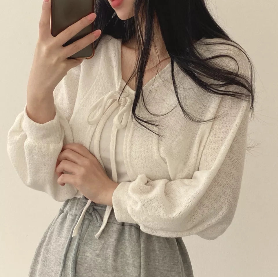 White Thin Lantern Long Sleeve Cardigan