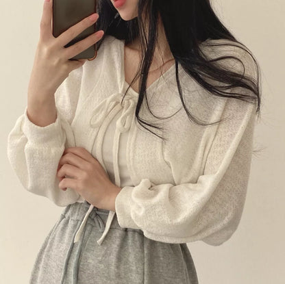 White Thin Lantern Long Sleeve Cardigan