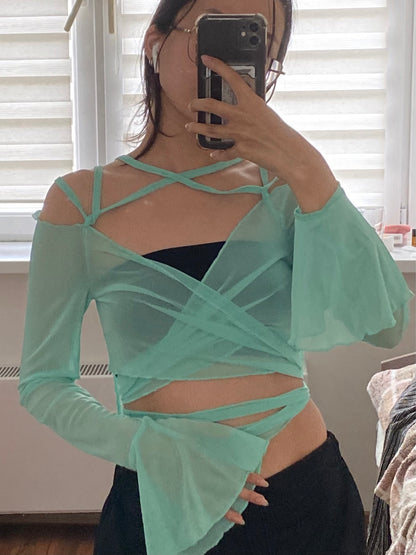 Blue See Through V Neck Bandage Long Sleeve Shirt
