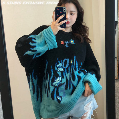 Black Pink Vintage Fire Flames Loose Oversized Long Sleeve Knit Sweatshirt Sweater Pullover Jumper E-Girl Kawaii Korean Japanese Harajuku Streetwear