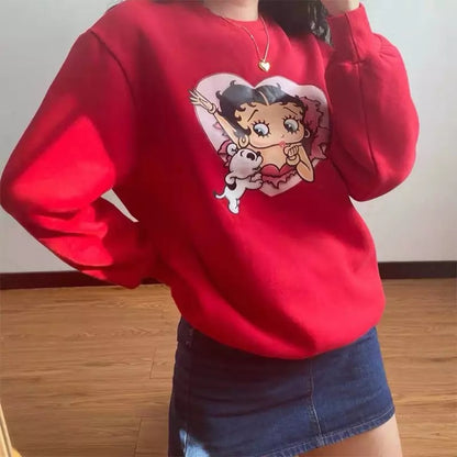 Cute 80s 90s Red Heart Vintage Cartoon Girl Long Sleeve Shirt Hoodie Pullover Sweatshirt Casual E-Girl Kawaii Korean Japanese Harajuku Streetwear