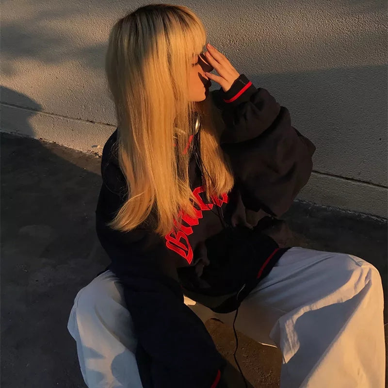 Black Letter Embroidery V Neck Long Sleeve Sweater