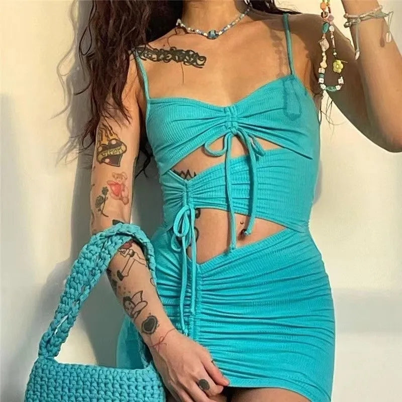 Blue Drawstring Bandage Cut Out Bodycon Dress