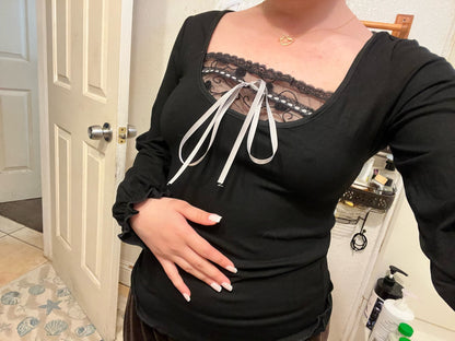 Black Lace Patchwork Long Sleeve Shirt