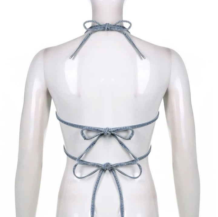 Cute Sexy Butterfly Denim Backless Crop Top Sleeveless Shirt Party Beach Summer Aesthetic Casual E-Girl Kawaii Korean Japanese Harajuku