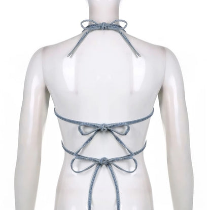 Cute Sexy Butterfly Denim Backless Crop Top Sleeveless Shirt Party Beach Summer Aesthetic Casual E-Girl Kawaii Korean Japanese Harajuku