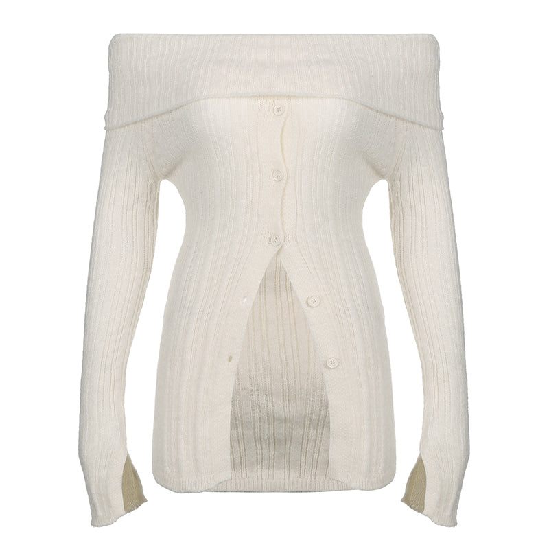 White Button Up Split Slash Neck Sweater
