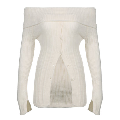 White Button Up Split Slash Neck Sweater