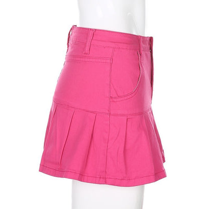 Cute High Waisted Pleated Denim Zipper Mini Skirt Blue Pink Bottoms Club Aesthetic Summer Party E-Girl Kawaii Korean Japanese Harajuku Streetwear