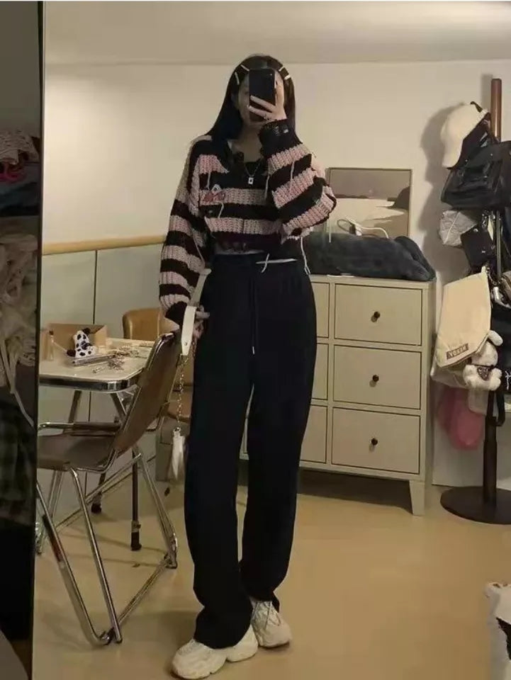 Black & Pink Striped Knit Cropped Pullover
