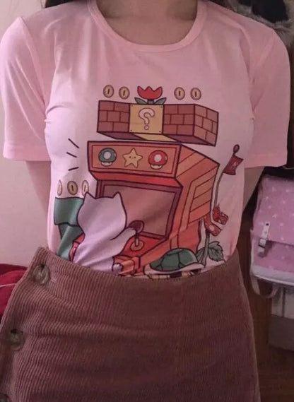 Cute Pink Cat Arcade Cartoon Graphic Casual Short Sleeve Shirt Tee T-shirt E-Girl Kawaii Korean Japanese Harajuku Chinese Retro Streetwear Aesthetic