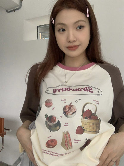 Strawberry Cake Print Short Sleeve T-shirt