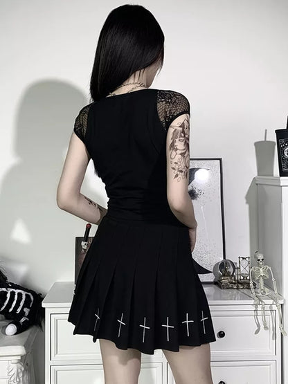 Black Bandage Ribbon Bow Lace Crop Top