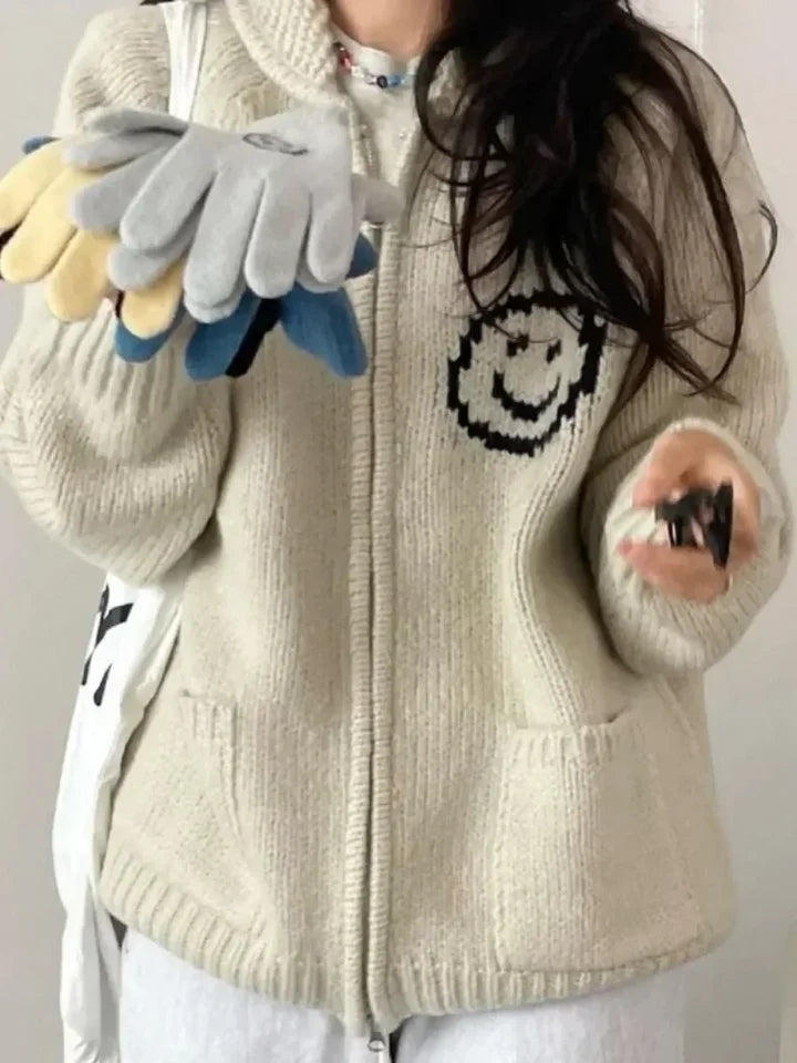 Smiley Face Loose Zipper Sweater