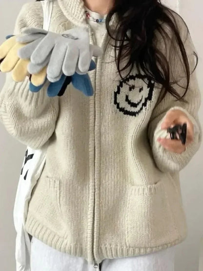 Smiley Face Loose Zipper Sweater