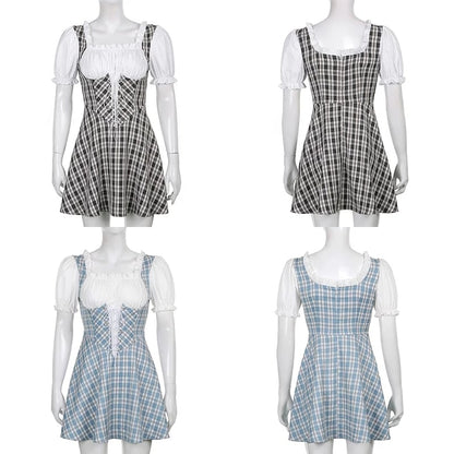 Cute Sweet Plaid Patchwork Lace Up Corset Ruffle Mini A-line Dress Summer Aesthetic Casual E-Girl Kawaii Korean Japanese Harajuku