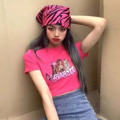 Sexy Pink Cartoon Doll Print Short Sleeve Shirt Crop Top Tee T-shirt Top Causal Summer E-Girl Kawaii Korean Japanese Harajuku Streetwear