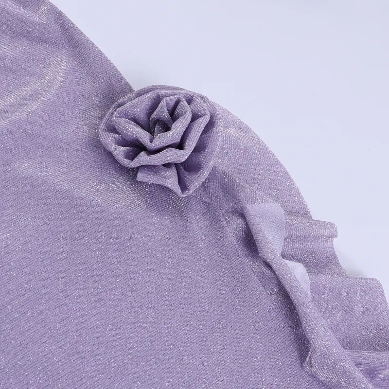 Purple Glitter Flower Frill Split Midi Dress
