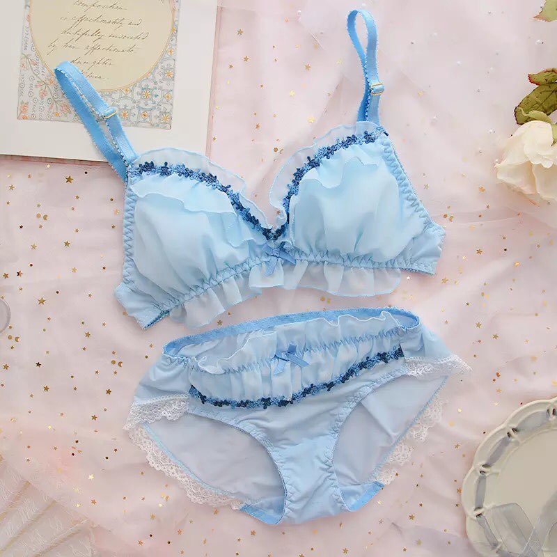 Sweet Fairy Blue Lace Bra + Panty Set Underwear Lingerie Summer Aesthetic Casual E-Girl Kawaii Korean Japanese Harajuku