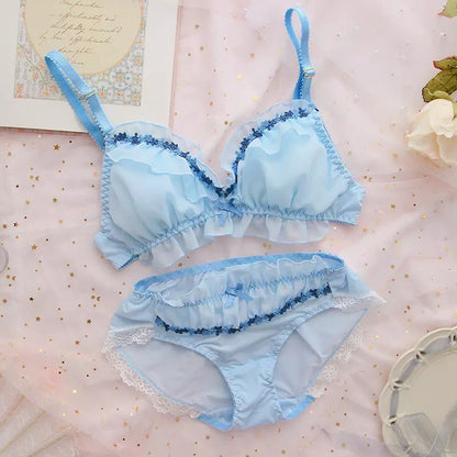Sweet Fairy Blue Lace Bra + Panty Set Underwear Lingerie Summer Aesthetic Casual E-Girl Kawaii Korean Japanese Harajuku
