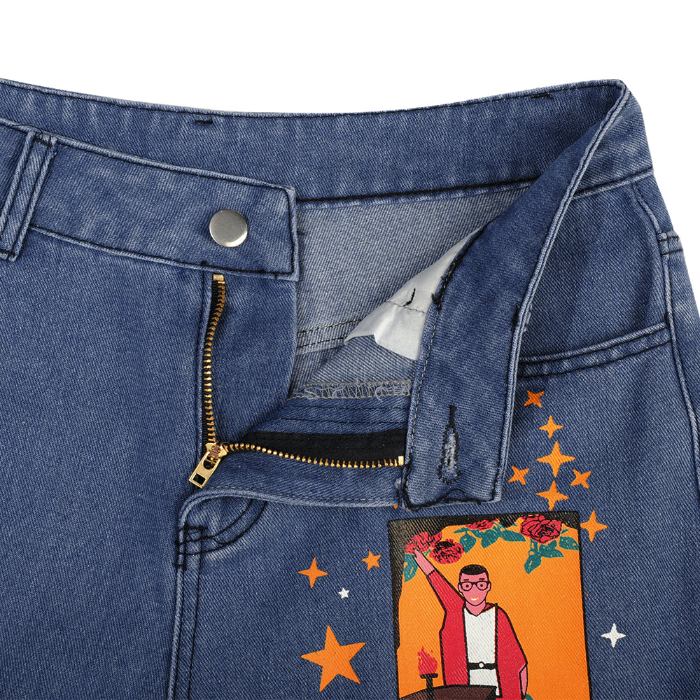 Vintage Star Moon Night Sky Women Heans Pattern Print Autumn Winter Demin Trouser Blue Pants Bottom E-Girl Kawaii Korean Japanese Harajuku Streetwear