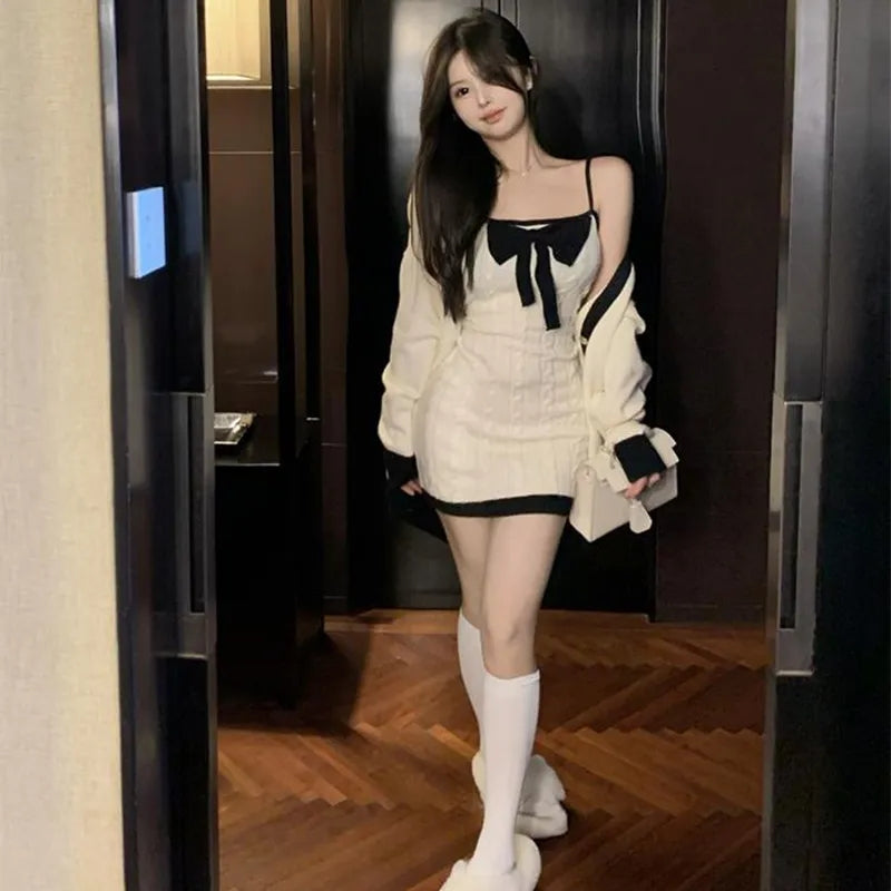 2 Piece White Knit Bow Dress + Sweater