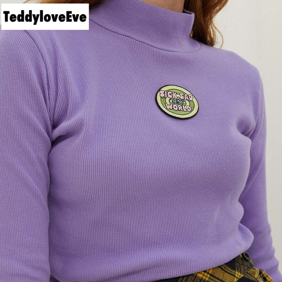 Cute Purple Knit Long Sleeve Shirt Turtleneck Sweatshirt T-shirt Top Autumn E-Girl Kawaii Korean Japanese Harajuku Streetwear