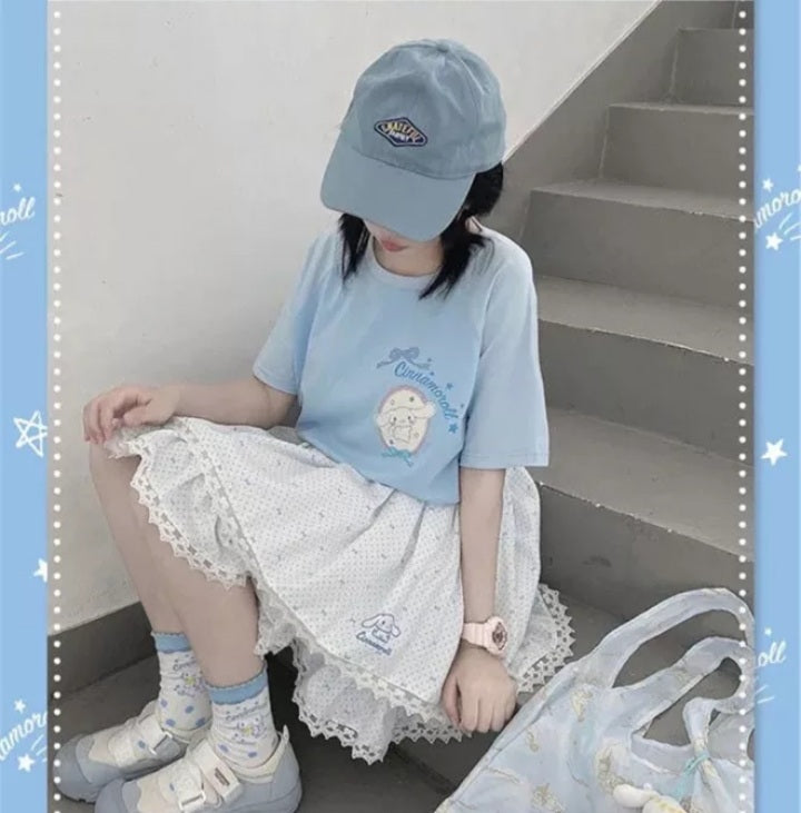 Cute Blue Japanese Anime Cartoon Graphic Print Loose Short Sleeve T-shirt