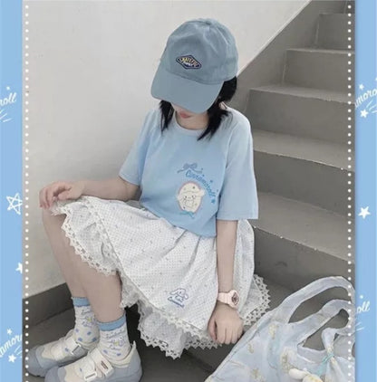 Cute Blue Japanese Anime Cartoon Graphic Print Loose Short Sleeve T-shirt