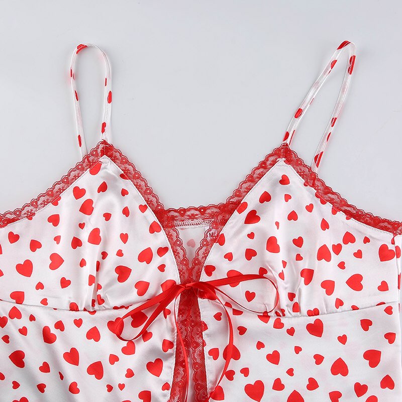 Cute Sexy Heart Print V Neck Lace Edge Crop Top Camisole Shirt Club Party Summer Casual E-Girl Kawaii Korean Japanese Harajuku Streetwear