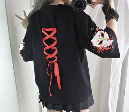 Fox Anime Cartoon Print Vintage Black T-shirt Short Sleeve Tee Shirt Causal Summer Top E-Girl Kawaii Korean Japanese Harajuku Streetwear