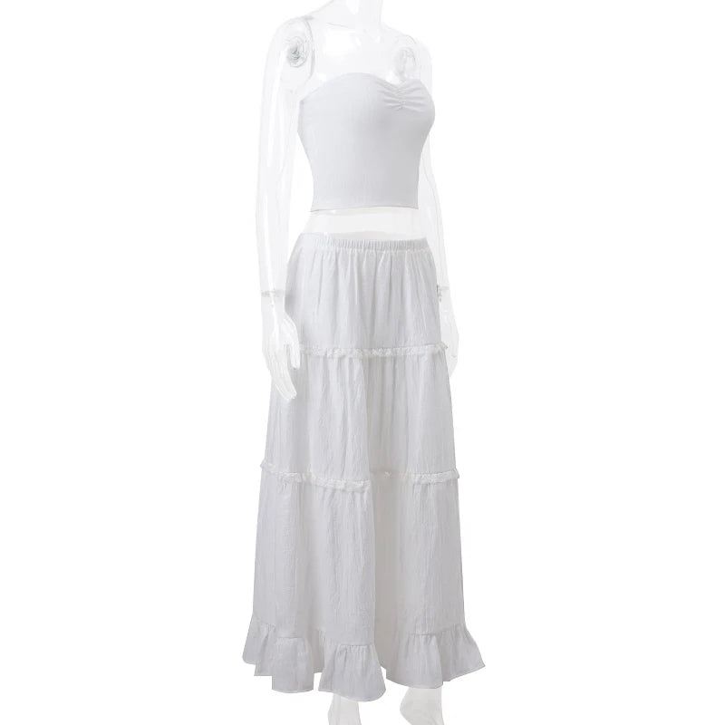 2PCS Strapless Tank Top + Pleated Long Skirt