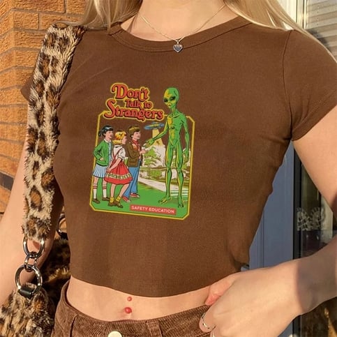 Cute Brown Alien Funny Cartoon Print Vintage Crop Top Short Sleeve Shirt Aesthetic Casual Summer E-Girl Kawaii Korean Japanese Harajuku