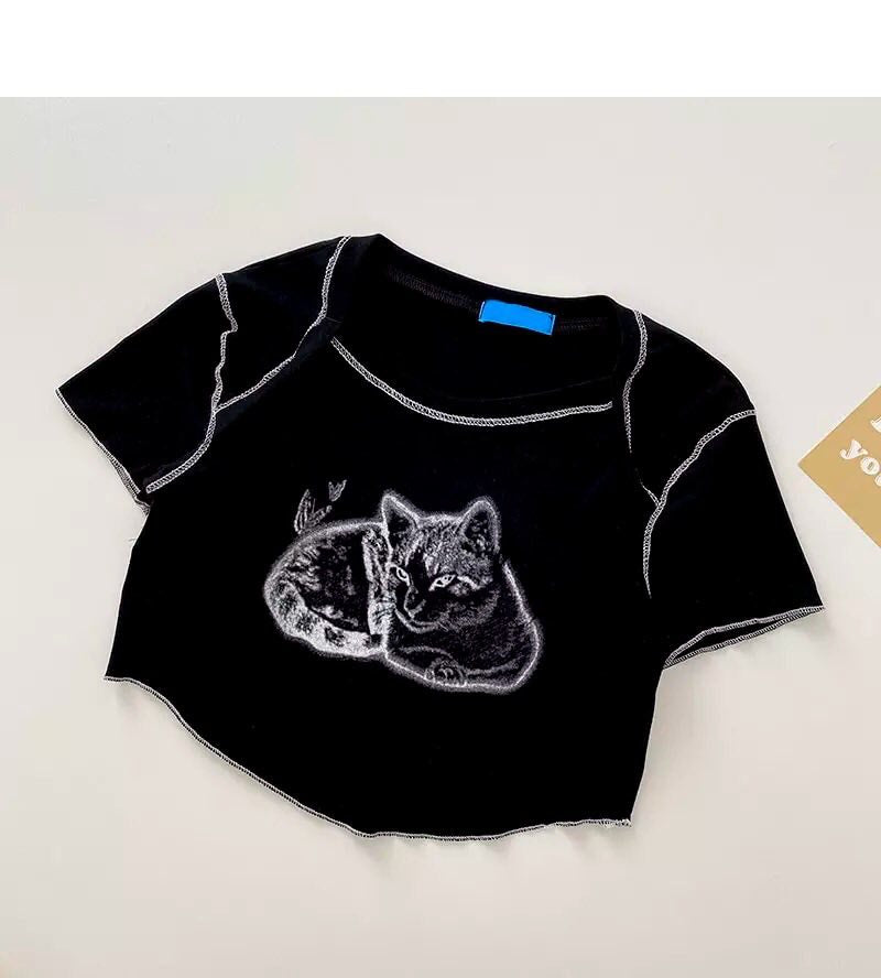 Cat Cartoon Graphic Print Short Sleeve Shirt Crop Top Summer Aesthetic Casual E-Girl Kawaii Korean Japanese Harajuku