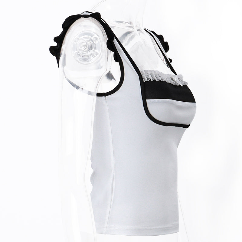 White & Black Patchwork Lace Square Neck Top