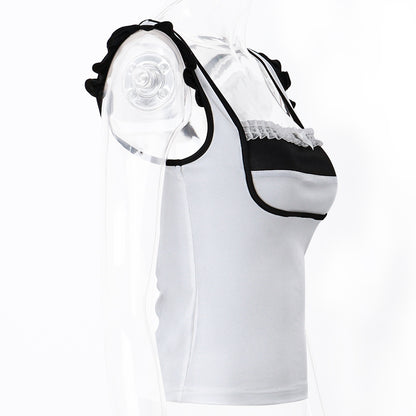 White & Black Patchwork Lace Square Neck Top