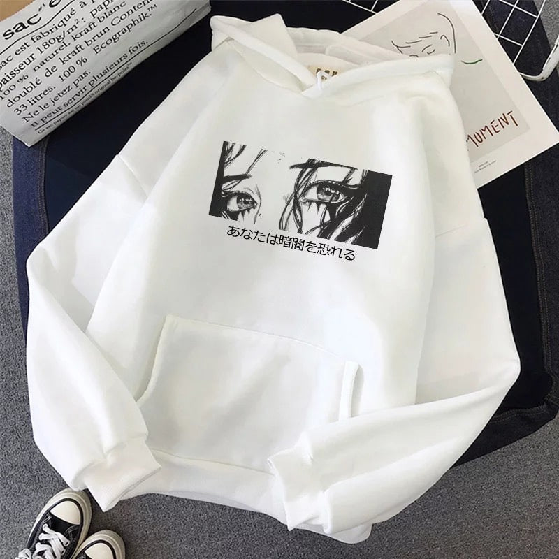 Cute Japanese Horror Punk Goth Cartoon Print Casual Sweatshirt Hoodie Pullover E-Girl Kawaii Korean Japanese Harajuku Retro Streetwear Aesthetic