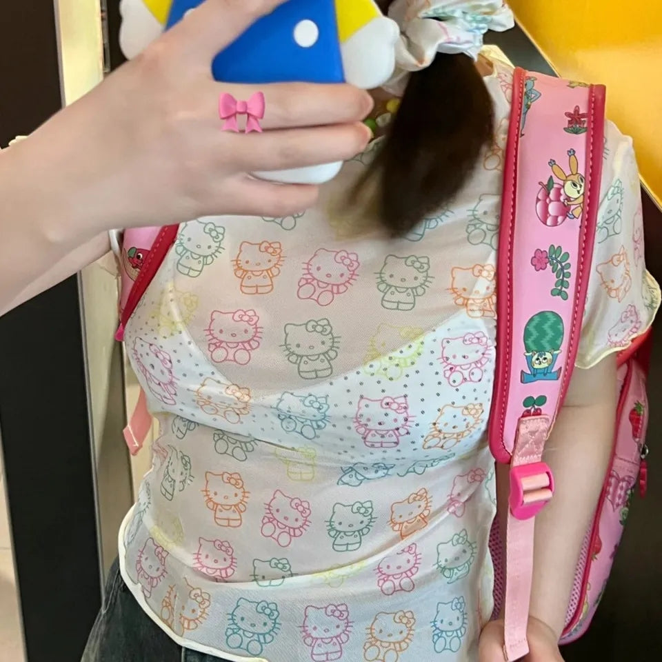 Japanese Cat Rainbow Transparent Mesh Top